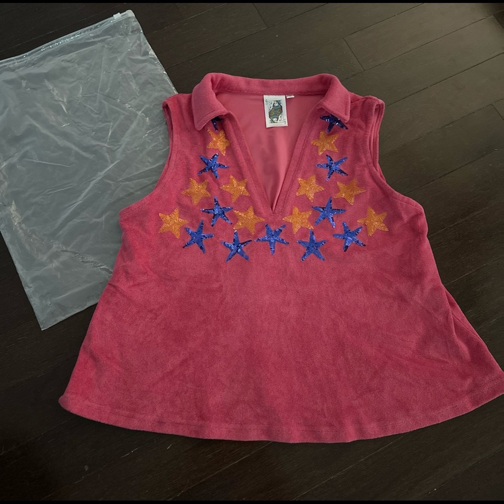 Queen of Sparkles hot pink with stars terry cloth tank. Size large. New in bag!